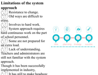 Limitations of the system
approach
 Resistance to change.
 Old ways are difficult to
erase.
 Involves to hard work.
 System approach requires
hard continuous work on the part
of school personnel.
 Some are not prepared for
an extra load.
 Lack of understanding.
Teachers and administrators are
still not familiar with the system
approach.
Though it has been successfully
implemented in industry,
 