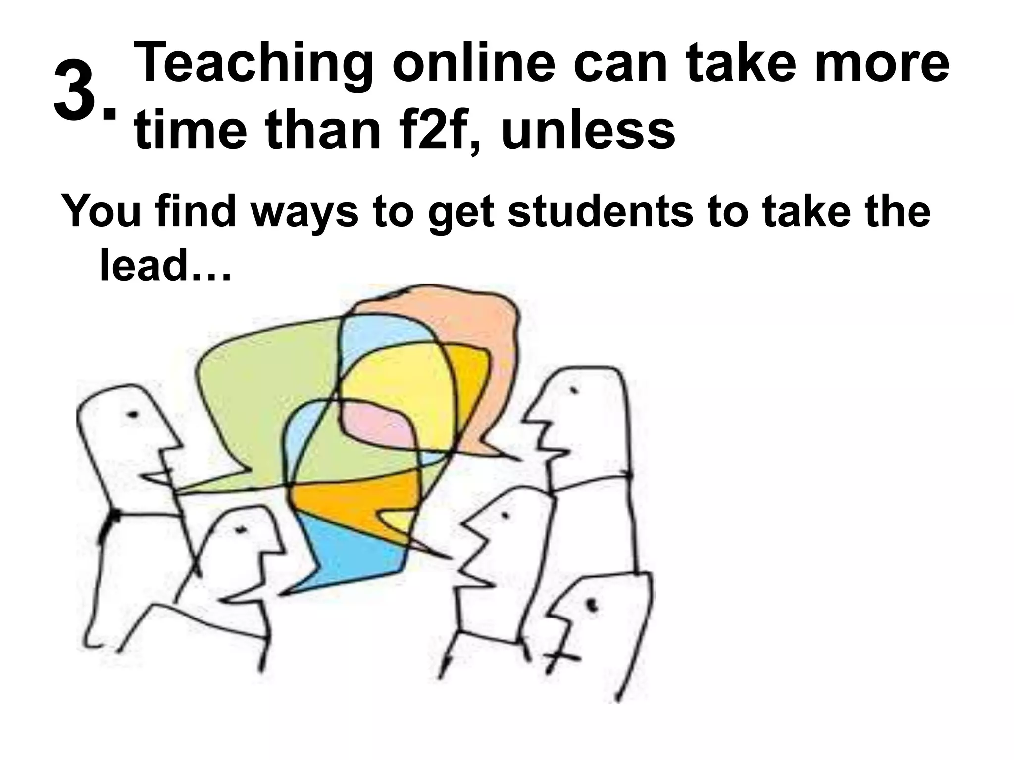 Teaching online can take more time than f2f, unlessYou find ways to get students to take the lead…3.