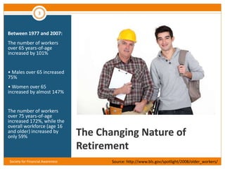 The Changing Nature of
Retirement
Between 1977 and 2007:
The number of workers
over 65 years-of-age
increased by 101%
• Ma...