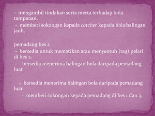  - mengambil tindakan serta merta terhadap bola
tampanan.
 - memberi sokongan kepada catcher kepada bola balingan
jauh.
 pemadang bes 2
 - bersedia untuk mematikan atau menyentuh (tag) pelari
di bes 2.
 - bersedia menerima balingan bola daripada pemadang
luar.

 - bersedia menerima balingan bola daripada pemadang
luar.
 - memberi sokongan kepada pemadang di bes 1 dan 3.
 