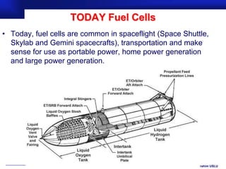 TODAY Fuel Cells
• Today, fuel cells are common in spaceflight (Space Shuttle,
  Skylab and Gemini spacecrafts), transportation and make
  sense for use as portable power, home power generation
  and large power generation.




                                                     Prof.Dr. İbrahim USLU
 