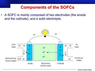 Components of the SOFCs
• A SOFC is mainly composed of two electrodes (the anode
  and the cathode), and a solid electrolyte.




                                                  Prof.Dr. İbrahim USLU
 