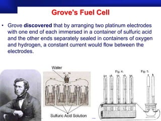 Grove's Fuel Cell
• Grove discovered that by arranging two platinum electrodes
  with one end of each immersed in a container of sulfuric acid
  and the other ends separately sealed in containers of oxygen
  and hydrogen, a constant current would flow between the
  electrodes.




                                                      Prof.Dr. İbrahim USLU
 
