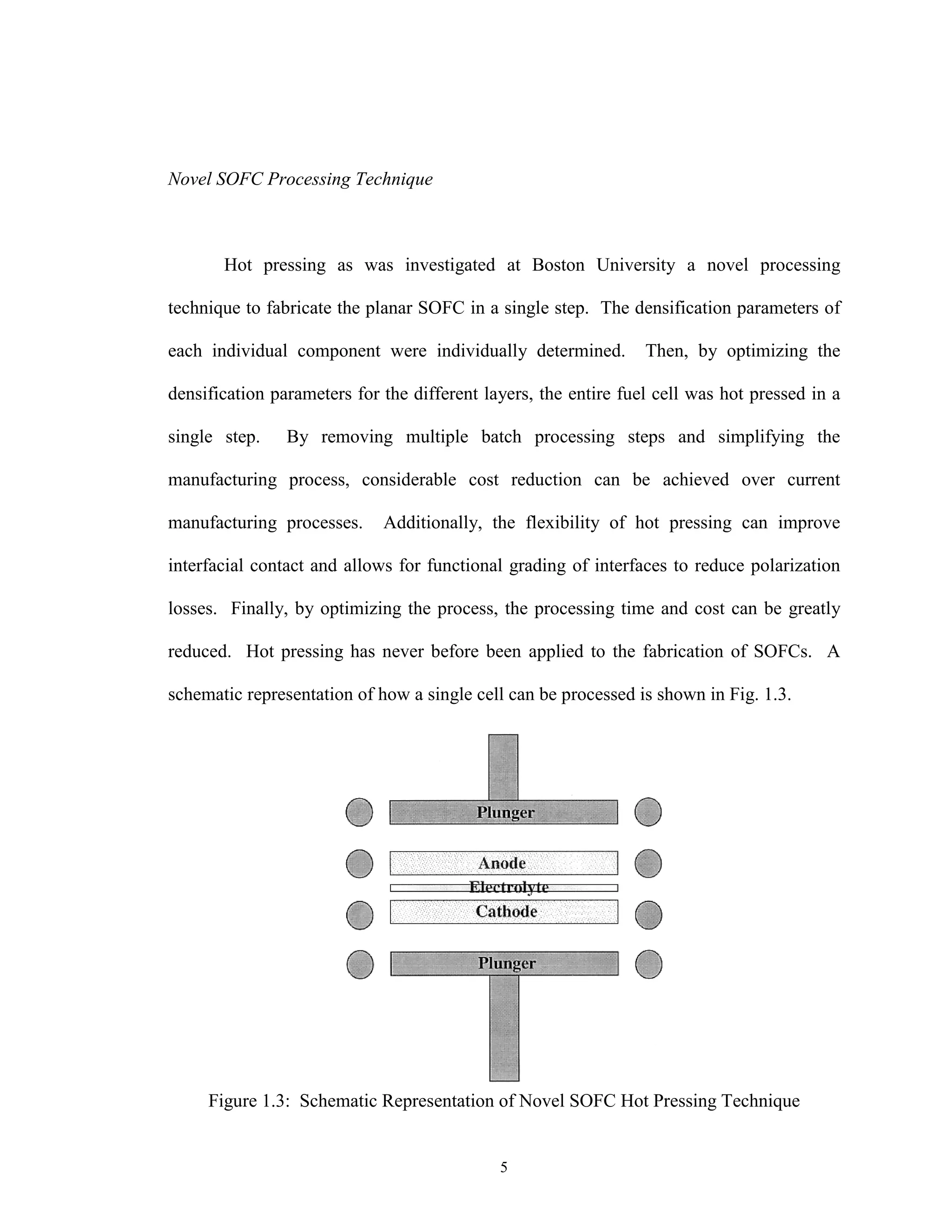 5
Novel SOFC Processing Technique
Hot pressing as was investigated at Boston University a novel processing
technique to fabricate the planar SOFC in a single step. The densification parameters of
each individual component were individually determined. Then, by optimizing the
densification parameters for the different layers, the entire fuel cell was hot pressed in a
single step. By removing multiple batch processing steps and simplifying the
manufacturing process, considerable cost reduction can be achieved over current
manufacturing processes. Additionally, the flexibility of hot pressing can improve
interfacial contact and allows for functional grading of interfaces to reduce polarization
losses. Finally, by optimizing the process, the processing time and cost can be greatly
reduced. Hot pressing has never before been applied to the fabrication of SOFCs. A
schematic representation of how a single cell can be processed is shown in Fig. 1.3.
Figure 1.3: Schematic Representation of Novel SOFC Hot Pressing Technique
 