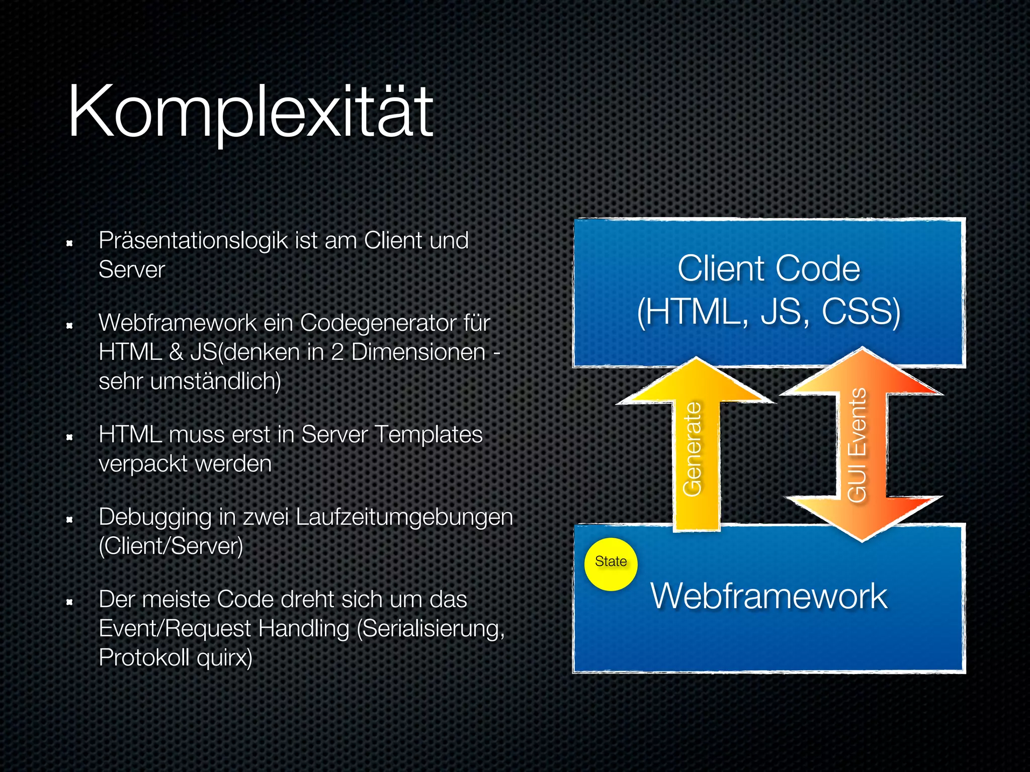 Komplexität
Präsentationslogik ist am Client und
Server                                              Client Code
Webframework ein Codegenerator für                (HTML, JS, CSS)
HTML & JS(denken in 2 Dimensionen -
sehr umständlich)




                                                               GUI Events
                                                    Generate
HTML muss erst in Server Templates
verpackt werden

Debugging in zwei Laufzeitumgebungen
(Client/Server)                           State

Der meiste Code dreht sich um das                 Webframework
Event/Request Handling (Serialisierung,
Protokoll quirx)
 