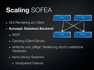 Scaling SOFEA
                                    Client         Client


GUI Rendering am Client
Konzept: Stateless Backend
  REST                              Server         Server



  Caching (Client/Server)
  einfache und „billige“ Skalierung durch zusätzliche
  Hardware
  keine (sticky) Sessions
    transparent Failover
 