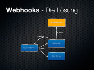 Webhooks - Die Lösung
                                     My Application




                                             3. push

                       1. register



                                       My Service

     Payment Service     2. push



                                      Other Service
 