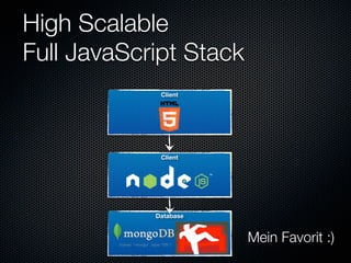 High Scalable
Full JavaScript Stack
             Client




             Client




            Database


                        Mein Favorit :)
 