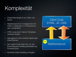 Komplexität
Präsentationslogik ist am Client und
Server                                              Client Code
Webframework ein Codegenerator für                (HTML, JS, CSS)
HTML & JS(denken in 2 Dimensionen -
sehr umständlich)




                                                               GUI Events
                                                    Generate
HTML muss erst in Server Templates
verpackt werden

Debugging in zwei Laufzeitumgebungen
(Client/Server)                           State

Der meiste Code dreht sich um das                 Webframework
Event/Request Handling (Serialisierung,
Protokoll quirx)

Korrektes State Handling unmöglich
 