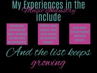 My experiences in the

Music Industry
Volunteering:
photograph and
coordinate live
Volunteering
events, sell tickets
and merchandise.

Other:

include
Social Media:
manage and
update Facebook
Publicity
and Twitter
accounts.

Artist
Management:
branding,
goal setting and
career planning.

Record Label
Analysis,
SWOT Analysis,
Trend Analysis

Business Plans
Production Plans
Distribution Plans
Publicity Plans

And the list keeps growing

 