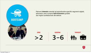 Percorsi intensivi orientati ad approfondire speciﬁci segmenti digitali,
                                    attraverso vere e proprie full-immersion guidate
                                    dai migliori professionisti del settore.


                         BOOTCAMP



                                     ORE                       GIORNI                        TARGET



                                    >2                      3-6

mercoledì 20 giugno 12
 
