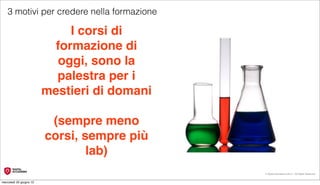 3 motivi per credere nella formazione

                              I corsi di
                           formazione di
                            oggi, sono la
                           palestra per i
                         mestieri di domani

                          (sempre meno
                         corsi, sempre più
                                 lab)
                                              © Digital Accademia 2012 – All Rights Reserved!


mercoledì 20 giugno 12
 