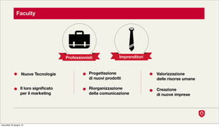 Faculty




                                        Professionisti              Imprenditori



                   Nuove Tecnologie                 Progettazione                  Valorizzazione
                                                    di nuovi prodotti              delle risorse umane

                   Il loro signiﬁcato               Riorganizzazione               Creazione
                   per il marketing                 della comunicazione            di nuove imprese




mercoledì 20 giugno 12
 