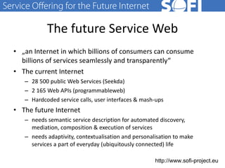 The future Service Web „ an Internet in which billions of consumers can consume billions of services seamlessly and transparently“ The current Internet  28 500 public Web Services (Seekda) 2 165 Web APIs (programmableweb) Hardcoded service calls, user interfaces & mash-ups The future Internet needs semantic service description for automated discovery, mediation, composition & execution of services needs adaptivity, contextualisation and personalisation to make services a part of everyday (ubiquitously connected) life 28.06.11 