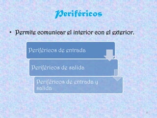 Periféricos
• Permite comunicar el interior con el exterior.

       Periféricos de entrada

        Periféricos de salida

          Periféricos de entrada y
          salida


                                                   8
 