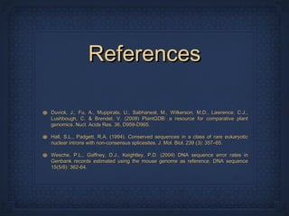 ReferencesReferences
Duvick, J., Fu, A., Muppirala, U., Sabharwal, M., Wilkerson, M.D., Lawrence, C.J.,Duvick, J., Fu, A., Muppirala, U., Sabharwal, M., Wilkerson, M.D., Lawrence, C.J.,
Lushbough, C. & Brendel, V. (2008) PlantGDB: a resource for comparative plantLushbough, C. & Brendel, V. (2008) PlantGDB: a resource for comparative plant
genomics. Nucl. Acids Res. 36, D959-D965.genomics. Nucl. Acids Res. 36, D959-D965.
Hall, S.L., Padgett, R.A. (1994). Conserved sequences in a class of rare eukaryoticHall, S.L., Padgett, R.A. (1994). Conserved sequences in a class of rare eukaryotic
nuclear introns with non-consensus splicesites. J. Mol. Biol. 239 (3): 357–65.nuclear introns with non-consensus splicesites. J. Mol. Biol. 239 (3): 357–65.
Wesche, P.L., Gaffney, D.J., Keightley, P.D. (2004) DNA sequence error rates inWesche, P.L., Gaffney, D.J., Keightley, P.D. (2004) DNA sequence error rates in
Genbank records estimated using the mouse genome as reference. DNA sequenceGenbank records estimated using the mouse genome as reference. DNA sequence
15(5/6): 362-64.15(5/6): 362-64.
 