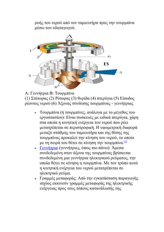 ροής του νερού από τον ταμιευτήρα προς την τουρμπίνα
μέσω του υδαταγωγού.
Α: Γεννήτρια Β: Τουρμπίνα
(1) Στάτορας (2) Ρότορας (3) θυρίδα (4) πτερύγια (5) Είσοδος
ρέοντος νερού (6) Άξονας σύνδεσης τουρμπίνας - γεννήτριας
• Τουρμπίνα (ή τουρμπίνες, ανάλογα με το μέγεθος του
εργοστασίου): Είναι συσκευές με ειδικά πτερύγια, χάρη
στα οποία η κινητική ενέργεια του νερού που ρέει
μετατρέπεται σε περιστροφική. Η υψομετρική διαφορά
μεταξύ στάθμης του ταμιευτήρα και της θέσης της
τουρμπίνας προκαλεί την κίνηση του νερού, το οποίο
με τη σειρά του θέτει σε κίνηση την τουρμπίνα.[2]
• Γεννήτρια (γεννήτριες, όπως πιο πάνω): Άμεσα
συνδεδεμένη στον άξονα της τουρμπίνας βρίσκεται
συνδεδεμένη μια γεννήτρια ηλεκτρικού ρεύματος, την
οποία θέτει σε κίνηση η τουρμπίνα. Με τον τρόπο αυτό
η κινητική ενέργεια του νερού μετατρέπεται σε
ηλεκτρικό ρεύμα.
• Γραμμές μεταφοράς: Από την εγκατάσταση παραγωγής
ισχύος εκκινούν γραμμές μεταφοράς της ηλεκτρικής
ενέργειας προς τους τόπους κατανάλωσής της.
 