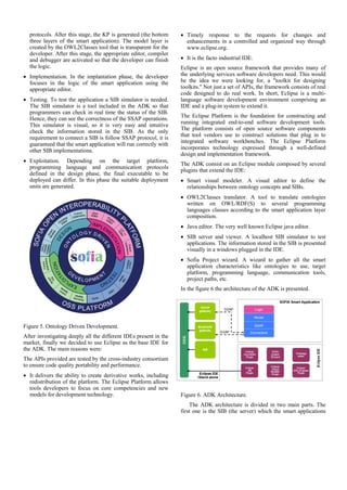 protocols. After this stage, the KP is generated (the bottom     • Timely response to the requests for changes and
  three layers of the smart application). The model layer is         enhancements in a controlled and organized way through
  created by the OWL2Classes tool that is transparent for the        www.eclipse.org.
  developer. After this stage, the appropriate editor, compiler
  and debugger are activated so that the developer can finish      • It is the facto industrial IDE.
  the logic.                                                       Eclipse is an open source framework that provides many of
• Implementation. In the implantation phase, the developer         the underlying services software developers need. This would
  focuses in the logic of the smart application using the          be the idea we were looking for, a "toolkit for designing
  appropriate editor.                                              toolkits." Not just a set of APIs, the framework consists of real
                                                                   code designed to do real work. In short, Eclipse is a multi-
• Testing. To test the application a SIB simulator is needed.      language software development environment comprising an
  The SIB simulator is a tool included in the ADK so that          IDE and a plug-in system to extend it.
  programmers can check in real time the status of the SIB.
  Hence, they can see the correctness of the SSAP operations.      The Eclipse Platform is the foundation for constructing and
  This simulator is visual, so it is very easy and intuitive       running integrated end-to-end software development tools.
  check the information stored in the SIB. As the only             The platform consists of open source software components
  requirement to connect a SIB is follow SSAP protocol, it is      that tool vendors use to construct solutions that plug in to
                                                                   integrated software workbenches. The Eclipse Platform
  guaranteed that the smart application will run correctly with
  other SIB implementations.                                       incorporates technology expressed through a well-defined
                                                                   design and implementation framework.
• Exploitation. Depending on the target platform,
                                                                   The ADK consist on an Eclipse module composed by several
  programming language and communication protocols
                                                                   plugins that extend the IDE:
  defined in the design phase, the final executable to be
  deployed can differ. In this phase the suitable deployment       • Smart visual modeler. A visual editor to define the
  units are generated.                                               relationships between ontology concepts and SIBs.
                                                                   • OWL2Classes translator. A tool to translate ontologies
                                                                     written on OWL/RDF(S) to several programming
                                                                     languages classes according to the smart application layer
                                                                     composition.
                                                                   • Java editor. The very well known Eclipse java editor.
                                                                   • SIB server and viewer. A localhost SIB simulator to test
                                                                     applications. The information stored in the SIB is presented
                                                                     visually in a windows plugged in the IDE.
                                                                   • Sofia Project wizard. A wizard to gather all the smart
                                                                     application characteristics like ontologies to use, target
                                                                     platform, programming language, communication tools,
                                                                     project paths, etc.
                                                                   In the figure 6 the architecture of the ADK is presented.




Figure 5. Ontology Driven Development.
After investigating deeply all the different IDEs present in the
market, finally we decided to use Eclipse as the base IDE for
the ADK. The main reasons were:
The APIs provided are tested by the cross-industry consortium
to ensure code quality portability and performance.
• It delivers the ability to create derivative works, including
  redistribution of the platform. The Eclipse Platform allows
  tools developers to focus on core competencies and new
  models for development technology.                               Figure 6. ADK Architecture.
                                                                       The ADK architecture is divided in two main parts. The
                                                                   first one is the SIB (the server) which the smart applications
 