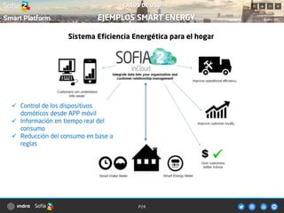 P24
Sistema Eficiencia Energética para el hogar
 Control de los dispositivos
domóticos desde APP móvil
 Información en tiempo real del
consumo
 Reducción del consumo en base a
reglas
CASOS DE USO
EJEMPLOS SMART ENERGY
 
