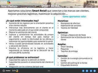P31
Aportamos soluciones Smart Retail que conectan a las marcas con clientes,
mejoran procesos logísticos, maximizan la adquisición ….
Cómo aportamos valor:
¿En qué están interesados hoy?
 Aumento de los ingresos por la orientación proactiva
a los clientes móviles
 Interactuar más directamente con el cliente en el
momento adecuado en el que están comprando
 Mejorar la satisfacción del cliente
 Capturar y correlacionar las actividades de compra
del cliente en tiempo real para realizar un
seguimiento y medir la efectividad de las ofertas y
maximizar las oportunidades para aumentar la venta.
 Venta cruzada personalizada basado en actividades
y ubicación del cliente
 Impulsar la eficiencia en la logística y hacer
seguimiento en tiempo real de la ubicación de los
artículos (RFID, backend)
¿A qué problemas se enfrentan?
 Capacidad de capturar la atención al cliente
 Capacidad de convertir el conocimiento del cliente en
ventas
 Integración con los sistemas de back-end
Monetizar:
• Reemplazo de efectivo
• Habilitación de sensores
• Tarjetas de fidelidad
Optimizar:
• Entrega y Reposición de Stock
• Optimización de la Distribución de la
tienda
Ampliar:
• Smart Vending
• Máquinas
• Taquillas de entrega
Controlar:
• Gestión de la energía consumida en la
tienda
• Gestión del parking de la tienda
• Etiquetado dinámico
CASOS DE USO
SMART RETAIL
 