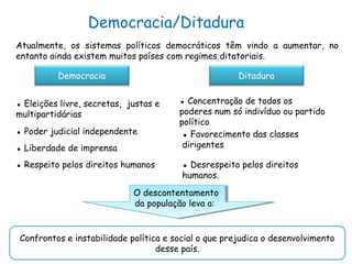 Democracia/Ditadura
Atualmente, os sistemas políticos democráticos têm vindo a aumentar, no
entanto ainda existem muitos países com regimes ditatoriais.
Democracia Ditadura
▪ Eleições livre, secretas, justas e
multipartidárias
▪ Poder judicial independente
▪ Liberdade de imprensa
▪ Respeito pelos direitos humanos
▪ Concentração de todos os
poderes num só indivíduo ou partido
político
▪ Favorecimento das classes
dirigentes
▪ Desrespeito pelos direitos
humanos.
O descontentamento
da população leva a:
O descontentamento
da população leva a:
Confrontos e instabilidade política e social o que prejudica o desenvolvimento
desse país.
 