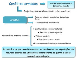 Conflitos armados Desde 1990 têm vindo a
diminuir no mundo.
Desde 1990 têm vindo a
diminuir no mundo.
Prejudicam o desenvolvimento dos países envolvidos.
ANGOLAANGOLA
Recursos minerais abundantes: diamantes e
ferro
Conflitos ativos internamente
Ao contrário do que deveria acontecer, os rendimentos das exportações dos
recursos minerais são utilizados no financiamento da guerra e não no
desenvolvimento do país.
Ao contrário do que deveria acontecer, os rendimentos das exportações dos
recursos minerais são utilizados no financiamento da guerra e não no
desenvolvimento do país.
Os conflitos armados levam a:
● Destruição de infraestruturas
● Existência de refugiados
● Vítimas mortais
● Despesa em armamento
● Recrutamento de crianças como soldados
 