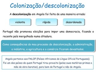 Colonização/descolonização
A descolonização em Angola foi feita de uma maneira errada:
rápidarápida desordenadadesordenadaviolentaviolenta
Portugal não promoveu eleições para impor uma democracia, ficando o
recente país mergulhado numa ditadura.
Como consequências do mau processo de descolonização, a administração,
a indústria, a agricultura e o comércio ficaram devastados.
Como consequências do mau processo de descolonização, a administração,
a indústria, a agricultura e o comércio ficaram devastados.
Angola pertence aos PALOP (Países Africanos de Língua Oficial Portuguesa).
Foi um dos países de quem Portugal tirou proveito (pelas suas matérias-primas e
mão de obra baratas), para bem de Portugal e não de Angola.
 