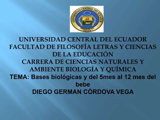 UNIVERSIDAD CENTRAL DEL ECUADOR
FACULTAD DE FILOSOFÍA LETRAS Y CIENCIAS
DE LA EDUCACIÓN
CARRERA DE CIENCIAS NATURALES Y
AMBIENTE BIOLOGÍA Y QUÍMICA
TEMA: Bases biológicas y del 5mes al 12 mes del
bebe
DIEGO GERMAN CÓRDOVA VEGA

 
