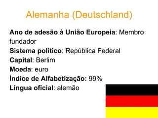 Alemanha (Deutschland) Ano de adesão à União Europeia : Membro fundador  Sistema político : República Federal  Capital : Berlim  Moeda : euro Índice de Alfabetização:  99%  Língua oficial : alemão 