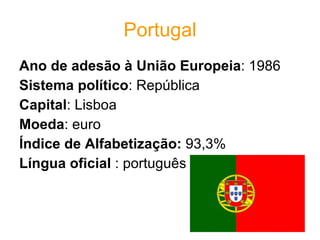 Portugal Ano de adesão à União Europeia : 1986  Sistema político : República  Capital : Lisboa  Moeda : euro  Índice de Alfabetização:  93,3% Língua oficial  : português 