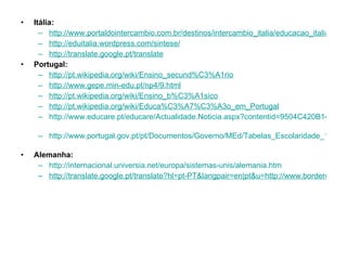 Itália: http://www.portaldointercambio.com.br/destinos/intercambio_italia/educacao_italia http://eduitalia.wordpress.com/sintese/   http://translate.google.pt/translate   Portugal: http://pt.wikipedia.org/wiki/Ensino_secund%C3%A1rio   http://www.gepe.min-edu.pt/np4/9.html   http://pt.wikipedia.org/wiki/Ensino_b%C3%A1sico   http://pt.wikipedia.org/wiki/Educa%C3%A7%C3%A3o_em_Portugal   http://www.educare.pt/educare/Actualidade.Noticia.aspx?contentid=9504C420B14940668C987526BE9A73B1&opsel=1&channelid=0   http://www.portugal.gov.pt/pt/Documentos/Governo/MEd/Tabelas_Escolaridade_12Anos_Universalizacao_Pre_Esco lar.pdf   Alemanha: http://internacional.universia.net/europa/sistemas-unis/alemania.htm   http://translate.google.pt/translate?hl=pt-PT&langpair=en|pt&u=http://www.borderconcepts.biz/int/student-recruitment-germany/german-education-system/&prev=/translate_s%3Fhl%3Dpt-PT%26q%3Dsistema%2Beducativo%2Balem%25C3%25A3o%26tq%3DGerman%2Beducation%2Bsystem%26sl%3Dpt%26tl%3Den%26start%3D10 