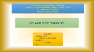 REPUBLICA BOLIVARIANA DE VENEZUELA
MINISTERIO DEL PODER POPULAR PARA LA EDUCACION
I.U.P “SANTIAGO MARIÑO”
CIUDAD OJEDA. EDO-ZULIA
SISTEMA DE COSTOS POR PROCESOS
NOMBRE:
• MOLINA, SOFIA.
CEDULA DE IDENTIDAD:
• 25190754
CODIGO:
• 45
 