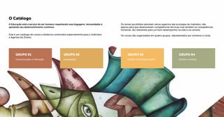 10 11
A Educação está a serviço do ser humano respeitando suas bagagens, necessidades e
apoiando seu desenvolvimento contínuo.
Este é um catálogo de cursos a distância construídos especialmente para o Judiciário
e Agentes do Direito.
Os temas escolhidos abordam vários aspectos das ecologias do indivíduo, não
apenas para que desenvolvam competências técnicas mas também as competências
humanas, tão relevantes para um bom desempenho na vida e na carreira.
Os cursos são organizados em quatro grupos, representados por números e cores.
O Catálogo
GRUPO 01
Comunicação e Interação
GRUPO 02
Autogestão
GRUPO 03
Gestão nas Organizações
GRUPO 04
Direito e Justiça
 
