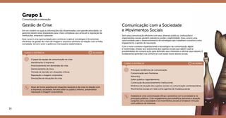 Grupo 1
Comunicação e interação
Gestão de Crise
Em um cenário no qual as informações são disseminadas com grande velocidade, os
gestores devem estar preparados para crises complexas que arriscam a reputação de
instituições, empresas e pessoas.
Esse curso é uma oportunidade para conhecer e aplicar estratégias e ferramentas
eficientes na gestão de crises de imagem e assuntos sensíveis na relação com a mídia,
sociedade, terceiro setor e públicos interessados (stakeholders).
O papel da equipe de comunicação na crise.
Atendimento à imprensa.
Posicionamento em demandas de crise.
Gerenciamento de risco.
Tomada de decisão em situações críticas.
Reputação e imagem corporativa.
Simulações de situações de crise.
Atuar de forma assertiva em situações sensíveis e de crise na relação com
a imprensa, sociedade, terceiro setor ou público interno, preservando
reputação e imagem corporativas.
CURSO A DISTÂNCIA	 16 HORAS
15
Grupo 1
Comunicação com a Sociedade
e Movimentos Sociais
Sem uma comunicação eficiente com seus diversos públicos, instituições e
organizações sociais perdem relevância, poder e legitimidade. Esse curso é uma
oportunidade para o desenvolvimento de estratégias que trabalhem conceitos como
engajamento e gestão da reputação.
Com o novo contexto organizacional e tecnológico da comunicação digital
e multimodal, amplia-se a autonomia dos sujeitos sociais que sabem usar as
possibilidades de comunicação para defender seus interesses e afirmar seus valores. É
fundamental aprender a se comunicar com esses novos atores sociais.
Principais tendências de comunicação.
Comunicação sem fronteiras.
Advocacy.
Esfera pública e agendamento.
Construção de posicionamento institucional.
Dinâmica de atuação dos sujeitos sociais na comunicação contemporânea.
Movimentos sociais em rede como agentes de mudança social.
Estabelecer uma comunicação eficaz e produtiva com a sociedade e os
principais públicos. Criar engajamento para solidificar parcerias e atuação
conjunta com a sociedade e os movimentos sociais e fortalecer vínculos
com públicos de interesse.
CURSO A DISTÂNCIA	 16 HORAS
14
 