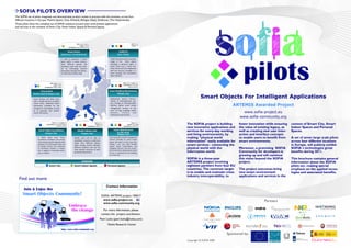 SOFIA PILOTS OVERVIEW
The SOFIA set of pilots integrates and demonstrates project results in practice with live activities, across four
different locations in Europe: Madrid (Spain), Oulu (Finland), Bologna (Italy), Eindhoven (The Netherlands).
These pilots show the complete set of SOFIA solutions around smart environment applications
and services in the contexts of Smart City, Smart Indoor Spaces & Personal Spaces.




                                                                                 Date: Aug´11/Sep´11                                                        Date: Sep´11
                                                                                      Leader: PHILIPS                                                        Leader: VTT
                                                                    Contributors: NXP/CONANTE/Tu/e

                                                                    Smart Home                                                            SUMS-SS
                                                        Eidenhoven, The Netherlands                                                     Oulu, Finland

                                                        In order to generate a Smart                                           SUMS-SS demonstrates seamless
                                                        Space within a home environ-                                           usage of the      Smart spaces
                                                        ment, different devices will                                           including a personal space, a
                                                        seamlessly work with one anot-                                         Smart home and a Smart city.
                                                        her by exchanging relevant                                             Smart home and city collaborate
                                                        information through the Seman-                                         with the services provided in a
                                                        tic Information Broker (SIB).                                          cloud through the Cam4Home
                                                                                                                               Open Platform.



                                       Date: Sep & Oct´11                                                                                       Date: Oct´11 Leader: CCC
                                            Leader: INDRA                                                                                       Contributors: EUTH/NXP
                               Contributors: NOKIA, MWW                                                                                                 UNBO/CONANTE


                          Virtual Wall                                                                                        Smart Building Maintenance
                                                                                                                                        Bologna, Italy
                                                                                                                                                                                     Smart Objects For Intelligent Applications
                 Madrid, Spain & Bologna, Italy

                 Smart Services will allow users                                                                               Multivendor devices intercon-
                 with a mobile device to visualize                                                                             nected to heterogeneous sen-

                                                                                                                                                                                                          ARTEMIS Awarded Project
                 virtual notes, download native                                                                                sors through an Interoperability
                 information provided by the                                                                                   Platform deliver smart facility
                 company or municipality, as well                                                                              management services to the
                                                                                                                               users of large buildings (office
                                                                                                                                                                                                                 www.sofia-project.eu
                 as to generate and publish
                 virtual information.                                                                                          tenants,      visitors     and
                                                                                                                               maintenance personnel).
                                                                                                                                                                                                               www.sofia-community.org
                                          Date: Oct´11 Leader: ED
                                  Contributors: EUTH/NXW/WMC/
                                                                                                              Date: Oct´11
                                                                                                               Leader: CRF
                                                                                                                                                            Date: Oct´11
                                                                                                                                                      Leader: CCC/UNBO     The SOFIA project is building       foster innovation while ensuring   context of Smart City, Smart
                                                 CONANTE/INDRA                                    Contributors: NOKIA/VTT                       Contributors: NOKIA/CRF
                                                                                                                                                                           new innovative applications and     the value of existing legacy, as   Indoor Spaces and Personal
                       Smart Video-Surveillance                                   Media Follows User                               Smart Maintenance
                                                                                                                                     on the move                           services for every-day working      well as creating new user inter-   Spaces.
                                Bologna, Italy                                          Bologna, Italy                                  Bologna, Italy                     and living environments, by         action and interface concepts
                      A SOFIA based Smart Video-                             Mobile users will be able to                     Users experience facility management
                                                                                                                              services provided by smart indoor
                                                                                                                                                                           making “physical world              to enable users to benefit from    A set of seven large scale pilots
                                                                                                                                                                           information” easily available for   smart environments.                across four different locations
                      Surveillance installation will comple-                 seamlessly consume a particular
                      ment existing systems allowing video                                                                    spaces also when on the move (e.g.
                                                                             media from different devices
                      operators to control public areas and
                      to prompt security crew whenever
                                                                             while moving around between
                                                                                                                              driving a car). Cars offer friendly,
                                                                                                                              speech based functionalities and
                                                                                                                                                                           smart services - connecting the                                        in Europe, will publicly exhibit
                      an anomalous situation is recogni-
                                                                             different locations and use the
                                                                             most optimal resources of each
                                                                                                                              navigation services: they are connec-        physical world with the             Moreover, a promising SOFIA        SOFIA´s technologies great
                      zed. A support to evacuation proce-
                      dures is offered.                                      personal environment.
                                                                                                                              ted to the driver mobile device which
                                                                                                                              in turn is connected to the buildings        information world.                  Community for developers is        benefits during 2011.
                                                                                                                              of a smart city.                                                                 growing up and will continue
                                                                                                                                                                           SOFIA is a three-year               this vision beyond the SOFIA       This brochure contains general
                                                                                   DOMAINS                                                                                 ARTEMIS project involving           project.                           information about the SOFIA
                                     Smart City                              Smart Indoor Spaces                             Personal Spaces                               eighteen partners from four EU                                         pilots set, making special
                                                                                                                                                                           countries. The common target        The project outcomes bring         emphasis on the applied tecno-
                                                                                                                                                                           is to enable and maintain cross-    new smart environment              logies and associated benefits.
                                                                                                                                                                           industry interoperability, to       applications and services in the
   Find out more:
                                                                                                                             Contact Information

                                                                                                                       SOFIA: ARTEMIS project 100017
                                                                                                                        www.sofia-project.eu                                                                                    Partners
                                                                                                                        www.sofia-community.org

                                                                                                                         For more information, please
                                                                                                                       contact the project coordinator:
                                                                                                                     Petri Liuha (petri.liuha@nokia.com)
                                                                                                                             Nokia Research Center


                                                                                                                                                                                                      Sponsored by:
                                                                                                                                                                           Copyright © SOFIA 2009
 