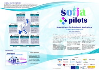 SOFIA PILOTS OVERVIEW
The SOFIA set of pilots integrates and demonstrates project results in practice with live activities, across four
different locations in Europe: Madrid (Spain), Oulu (Finland), Bologna (Italy), Eindhoven (The Netherlands).
These pilots show the complete set of SOFIA solutions around smart environment applications
and services in the contexts of Smart City, Smart Indoor Spaces & Personal Spaces.




                                                                                  Date: Aug´11/Sep´11                                                        Date: Sep´11
                                                                                       Leader: PHILIPS                                                        Leader: VTT
                                                                     Contributors: NXP/CONANTE/Tu/e

                                                                     Smart Home                                                            SUMS-SS
                                                          Eidenhoven, The Netherlands                                                    Oulu, Finland

                                                          In order to generate a Smart                                          SUMS-SS demonstrates seamless
                                                          Space within a home environ-                                          usage of the      Smart spaces
                                                          ment, different devices will                                          including a personal space, a
                                                          seamlessly work with one anot-                                        Smart home and a Smart city.
                                                          her by exchanging relevant                                            Smart home and city collaborate
                                                          information through the Seman-                                        with the services provided in a
                                                          tic Information Broker (SIB).                                         cloud through the Cam4Home
                                                                                                                                Open Platform.



                       Date: 2011 exact date to be confirmed                                                                                     Date: Oct´11 Leader: CCC
                                              Leader: INDRA                                                                                      Contributors: EUTH/NXP
                                        Contributors: NOKIA                                                                                              UNBO/CONANTE


                          Virtual Wall                                                                                         Smart Building Maintenance
                                                                                                                                         Bologna, Italy
                                                                                                                                                                                      Smart Objects For Intelligent Applications
                         Madrid, Spain

                 Smart Services will allow trans-                                                                               Multivendor devices intercon-
                 port users with a mobile device                                                                                nected to heterogeneous sen-

                                                                                                                                                                                                           ARTEMIS Awarded Project
                 to visualize virtual notes, down-                                                                              sors through an Interoperability
                 load native information provided                                                                               Platform deliver smart facility
                 by the company or municipality,                                                                                management services to the
                                                                                                                                users of large buildings (office
                                                                                                                                                                                                                  www.sofia-project.eu
                 as well as to generate and
                 publish virtual information at                                                                                 tenants,      visitors     and
                                                                                                                                maintenance personnel).
                                                                                                                                                                                                                www.sofia-community.org
                 bus stops.


                                           Date: Oct´11 Leader: ED
                                    Contributors: EUTH/UNIROMA/
                                                                                                               Date: Oct´11
                                                                                                                Leader: CRF
                                                                                                                                                             Date: Oct´11
                                                                                                                                                       Leader: CCC/UNBO     The SOFIA project is building       foster innovation while ensuring   context of Smart City, Smart
                                     NXW/WMC/CONANTE/INDRA                                         Contributors: NOKIA/VTT                       Contributors: NOKIA/CRF
                                                                                                                                                                            new innovative applications and     the value of existing legacy, as   Indoor Spaces and Personal
                       Smart Video-surveillance                                    Media Follows User                               Smart Maintenance
                                                                                                                                      on the move                           services for every-day working      well as creating new user inter-   Spaces.
                                 Bologna, Italy                                          Bologna, Italy                                  Bologna, Italy                     and living environments, by         action and interface concepts
                      A SOFIA vide o-s urve illance                           Mobile users will be able to                     Users experience facility management
                                                                                                                               services provided by smart indoor
                                                                                                                                                                            making “physical world              to enable users to benefit from    A set of seven large scale pilots
                                                                                                                                                                            information” easily available for   smart environments.                across four different locations
                      installation will complement existing                   seamlessly consume a particular
                      systems to allow video operators to                                                                      spaces also when on the move (i.e.
                                                                              media from different devices
                      control public areas and to prompt
                      security crew whenever an
                                                                              while moving around between
                                                                                                                               driving a car). Cars offer friendly,
                                                                                                                               speech based functionalities and
                                                                                                                                                                            smart services - connecting the                                        in Europe, will publicly exhibit
                      anomalous situation is recognized. A
                                                                              different locations and use the
                                                                              most optimal resources of each
                                                                                                                               navigation services: they are connec-        physical world with the             Moreover, a promising SOFIA        SOFIA´s technologies great
                      support to evacuation procedures is
                      offered.                                                personal environment.
                                                                                                                               ted to the driver mobile device which
                                                                                                                               in turn is connected to the buildings        information world.                  Community for developers is        benefits during 2011.
                                                                                                                               of a smart city.                                                                 growing up and will continue
                                                                                                                                                                            SOFIA is a three-year               this vision beyond the SOFIA       This brochure contains general
                                                                                    DOMAINS                                                                                 ARTEMIS project involving           project.                           information about the SOFIA
                                       Smart City                             Smart Indoor Spaces                             Personal Spaces                               eighteen partners from four EU                                         pilots set, making special
                                                                                                                                                                            countries. The common target        The project outcomes bring         emphasis on those related to
                                                                                                                                                                            is to enable and maintain cross-    new smart environment              transport applications and
                                                                                                                                                                            industry interoperability, to       applications and services in the   services.
   Find out more:
                                                                                                                              Contact Information

                                                                                                                        SOFIA: ARTEMIS project 100017
                                                                                                                         www.sofia-project.eu
                                                                                                                         www.sofia-community.org                                                                                 Partners
                                                                                                                          For more information, please
                                                                                                                        contact the project coordinator:
                                                                                                                      Petri Liuha (petri.liuha@nokia.com)
                                                                                                                              Nokia Research Center



                                                                                                                                                                                                       Sponsored by:
                                                                                                                                                                            Copyright © SOFIA 2009
 