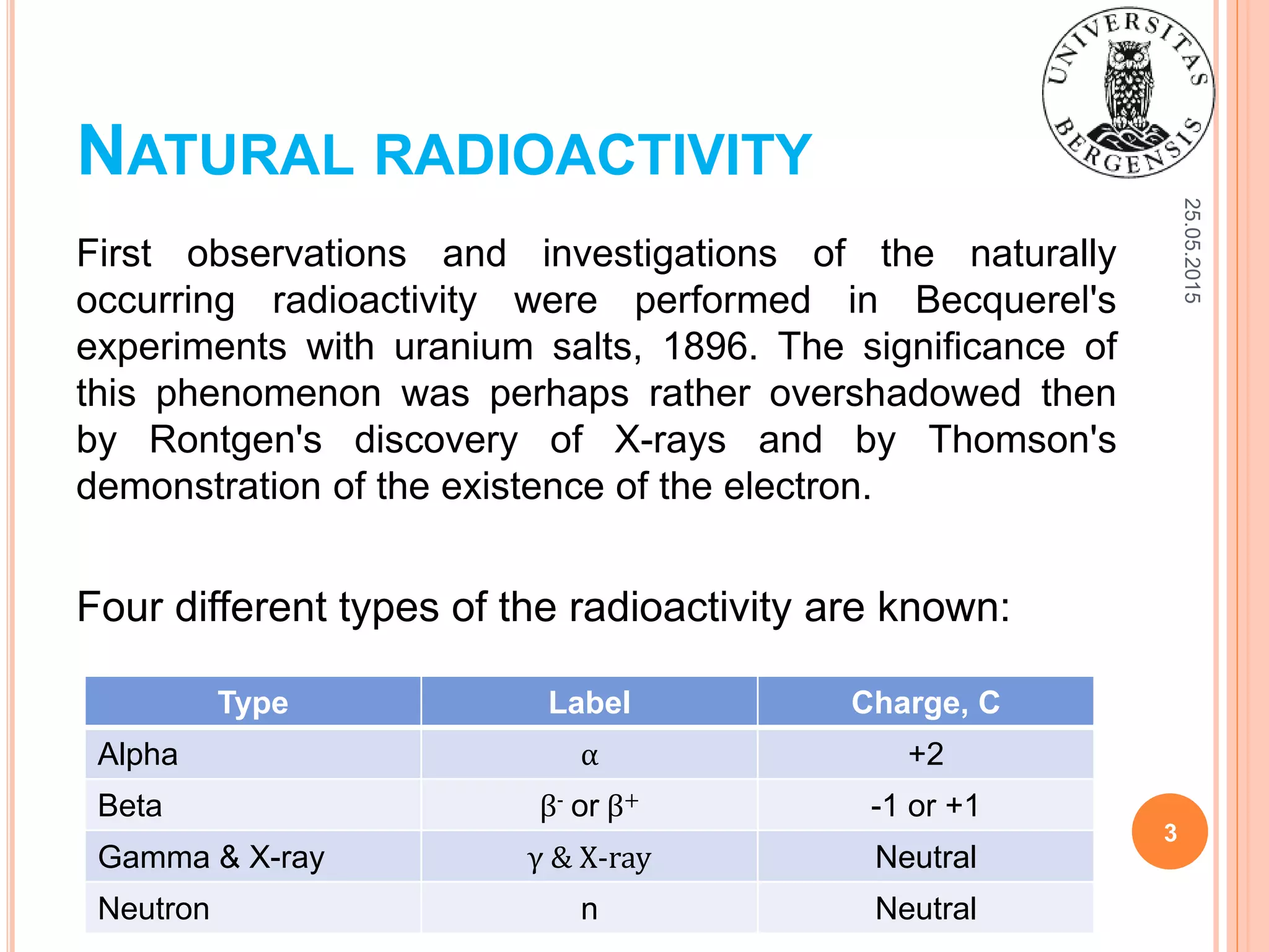 NATURAL RADIOACTIVITY
First observations and investigations of the naturally
occurring radioactivity were performed in Becquerel's
experiments with uranium salts, 1896. The significance of
this phenomenon was perhaps rather overshadowed then
by Rontgen's discovery of X-rays and by Thomson's
demonstration of the existence of the electron.
Four different types of the radioactivity are known:
25.05.2015
3
Type Label Charge, C
Alpha α +2
Beta β- or β+ -1 or +1
Gamma & X-ray γ & X-ray Neutral
Neutron n Neutral
 