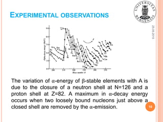25.05.2015
10
EXPERIMENTAL OBSERVATIONS
The variation of α-energy of β-stable elements with A is
due to the closure of a neutron shell at N=126 and a
proton shell at Z=82. A maximum in α-decay energy
occurs when two loosely bound nucleons just above a
closed shell are removed by the α-emission.
 