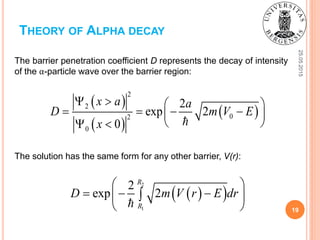 25.05.2015
19
THEORY OF ALPHA DECAY
 
 
 
2
2
02
0
2
exp 2
0
x a a
D m V E
x
   
    
  
The barrier penetration coefficient D represents the decay of intensity
of the α-particle wave over the barrier region:
The solution has the same form for any other barrier, V(r):
  
2
1
2
exp 2
R
R
D m V r E dr
 
   
 

 