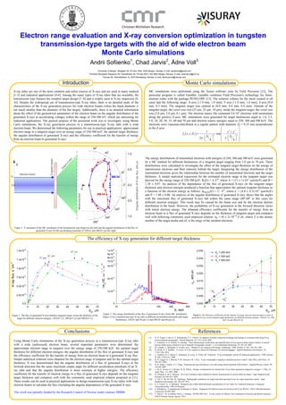 Electron range evaluation and X-ray conversion optimization in tungsten
transmission-type targets with the aid of wide electron beam
Monte Carlo simulations
Andrii Sofiienko1
, Chad Jarvis2
, Ådne Voll3
1
University of Bergen, Allegaten 55, PO Box 7803, 5020 Bergen, Norway. E-mail: asofienko@gmail.com
2
Christian Michelsen Research AS, Fantoftveien 38, PO Box 6031, NO-5892 Bergen, Norway. E-mail: chad.jarvis@cmr.no
3
Visuray AS, Strandbakken 10, 4070 Randaberg, Norway. E-mail: david.ponce@visuray.com
Introduction
X-ray tubes are one of the most common and safest sources of X-rays and are used in many medical
[1-3] and industrial applications [4-6]. Among the many types of X-ray tubes that are available, the
transmission type features the simplest target design [7, 8] and is widely used in X-ray inspection [9,
10]. Despite the widespread use of transmission-type X-ray tubes, there is no detailed study of the
characteristics of the X-ray generation process for wide electron beams (when the beam diameter is
not much smaller than the diameter of the flat target). Additionally, there is no detailed information
about the effect of the geometrical parameters of the electron beam on the angular distribution of the
generated X-rays at accelerating voltages within the range of 250-500 kV, which are interesting for
industrial applications. The general purpose of the presented work was to investigate, using Monte
Carlo simulations, the X-ray generation process in a transmission-type X-ray tube with a wide
electron beam. We determined the following parameters for use in practical applications: approximate
electron range in a tungsten target over an energy range of 250-500 keV, the optimal target thickness,
the angular distribution of generated X-rays and the efficiency coefficient for the transfer of energy
from an electron beam to generated X-rays.
Monte Carlo simulations
MC simulations were performed using the Xenos software suite by Field Precision [12]. The
particular program is called GamBet. GamBet combines Field Precision's technology for finite-
element codes with the package PENELOPE [13]. The solution volume for the mesh created in all
cases had the following range: X-axis [-1.0 mm, 1.0 mm], Y-axis [-1.0 mm, 1.0 mm], Z-axis [0.0
mm, 0.5 mm]. The tungsten target was centred at (0.0 mm, 0.0 mm, 0.4 mm). Outside of the
tungsten target, the voxel size was (25 μm, 25 μm, 10 μm); inside the tungsten target, the voxel size
was (2.0 μm, 2.0 μm, 0.1 μm). The electron source file contained 4.6∙105
electrons with momentum
along the positive Z-axis. MC simulations were generated for target thicknesses equal to 1.0, 2.5,
5.0, 10, 20, 30, 35, 60 and 70 μm and electron source energies equal to 250, 300 and 500 keV. The
electrons were Gaussian-distributed in a regular pattern with diameter De = 0.25 mm perpendicular
to the Z-axis:
The efficiency of X-ray generation for different target thickness
Conclusions
Using Monte Carlo simulations of the X-ray generation process in a transmission-type X-ray tube
with a wide (unfocused) electron beam, several important parameters were determined: the
approximate electron range in tungsten over the energy range of 250-500 keV, the optimal target
thickness for different electron energies, the angular distribution of the flux of generated X-rays and
the efficiency coefficient for the transfer of energy from an electron beam to a generated X-ray flux.
Simple analytical relations were obtained for the electron range in tungsten and for the optimal target
thickness. It was demonstrated that the angular distribution of a flux of generated X-rays in the
forward direction has the same maximum output angle for different acceleration potentials of an X-
ray tube and that the angular distribution is more isotropic at higher energies. The efficiency
coefficient for the transfer of electron energy to a flux of generated X-rays depends on the tungsten
target thickness and compares well with the commonly used empirical relation proposed in [11].
These results can be used in practical applications to design transmission-type X-ray tubes with wide
electron beams to calculate the flux (including the angular dependence) of the generated X-rays.
This work was partially funded by the Research Council of Norway under contract 200888.
References
[1] D. N. Zeiger, J. Sun, G. E. Schumacher, S. L. Gibson, ‘Evaluation of dental composite shrinkage and leakage in extracted teeth using X-ray
microcomputed tomography’, Dental Materials, 25, 1213-1220, 2009.
[2] L. Goldstein, S. O. Prasher, S. Ghoshal, ‘Three-dimensional visualization and quantification of non-aqueous phase liquid volumes in natural
porous media using a medical X-ray Computed Tomography scanner’, J. of Contaminant Hydrology, 93, 96-110, 2007.
[3] M. Lindner, L. Blanquart, P. Fischer, et.al., ‘Medical X-ray imaging with energy windowing’, NIM: Section A, 465, 229-234, 2001.
[4] K. Wells, D. A. Bradley, ‘A review of X-ray explosives detection techniques for checked baggage’, Applied Radiation and Isotopes, 70,
1729-1746, 2012.
[5] L. Auditore, R. C. Barna, U. Emanuele, D. Loria, A. Trifiro, M. Trimarchi, ‘X-ray tomography system for industrial applications’, NIM: Section
B, 266, 2138-2141, 2008.
[6] R. D. Luggar, E. J. Morton, P. M. Jenneson, M. J. Key, ‘X-ray tomographic imaging in industrial process control’, Rad. Phys. and Chem., 61,
785-787, 2001.
[7] H. H. Sung, I. Aamir, O. C. Sung, ‘Transmission-type microfocus x-ray tube using carbon nanotube field emitters’, Applied Physics Letters, 90,
183109, 2007.
[8] L. M. N. Tavora, E. J. Morton, W. B. Gilboy, ‘Design considerations for transmission X-ray tubes operated at diagnostic energies’, J. Phys. D:
Appl. Phys., 33, 2497, 2000.
[9] B. Achmad, E. M.A. Hussein, ‘An X-ray Compton scatter method for density measurement at a point within an object’, Appl. Radiation and
Isotopes, 60, 805-814, 2004.
[10] Y. Gil, Y. Oh, M. Cho, W. Namkung, ‘Radiography simulation on single-shot dual-spectrum X-ray for cargo inspection system’, Appl.
Radiation and Isotopes, 69, 389-393, 2011.
[11] S. A. Ivanov, G. A. Shchukin, ‘Rentgenovskie trubki tekhnicheskogo naznacheniya (X-ray Tubes for Technical Purposes), Leningrad:
Energoatomizdat, 1989 [in Russian].
[12] S. Humphries, ‘Computational Techniques in Xenos - Integrated 3D Software Suite for Electron and X-ray Physics’, IEEE 34th International
Conference ICOPS 2007.
[13] F. Salvat, J. M. Fernández-Varea, J. Sempau, ‘PENELOPE-2011: A code system for Monte Carlo simulation of electron and photon transport’,
OECD Nuclear Energy Agency, 2011.
 
2 2
2 2
1
, , exp
2 2
4 4
e e
e e
x y
f x y D
D D

 
 
   
         
    
Figure 1: A schematic of the MC simulation of the transmission type target (on the left) and the angular distribution of the flux of
generated X-rays for the accelerating potentials of 250 kV and 500 kV (on the right)
The energy distributions of transmitted electrons with energies of 250, 300 and 500 keV were generated
by a MC method for different thicknesses of a tungsten target ranging from 1.0 μm to 70 μm. These
distributions were calculated to investigate the effect of the tungsten target thickness on the energy of
transmission electrons and their intensity behind the target. Integrating the energy distribution of the
transmitted electrons gives the relationship between the number of transmitted electrons and the target
thickness. A simple analytical expression for the estimated electron range in the tungsten target was
derived for the energy range of 250-500 keV: Re(E) = A·EB
, where A = (11 ± 1)∙10-3
(μm/keV) and B =
1.38 ± 0.07. An analysis of the dependence of the flux of generated X-rays on the tungsten target
thickness and electron energies produced a function that appoximates the optimal tungsten thickness as
a function of the electron energy as follows: dOptimal(E) = C· EP
, where C = (4.8 ± 0.3)∙10-3
(μm/keV)
and P = 1.48 ± 0.06. An analysis of the angular distribution of generated X-rays shows that the angles
with the maximum flux of generated X-rays fall within the same range (400
-600
in this case) for
different electron energies. This result may be caused by the beam size and by the electron density
distribution in the beam. However, the probability of X-ray generation in the forward direction varies
with initial electron energy. The obtained efficiency coefficients for the transfer of energy from an
electron beam to a flux of generated X-rays depends on the thickness of tungsten target and compares
well with following commonly used empirical relation: ηX = (8 ± 2)·10-10
·Z·eE, where Z is the atomic
number of the target media and eE is the enrgy of the incident electrons.
0 10 20 30 40 50 60 70
0,0
2,5x10
15
5,0x10
15
7,5x10
15
1,0x10
16
1,3x10
16
1,5x10
16
X-rayflux,s
-1
cm
-2
dW
, m
1
2
3
21 m
17 m
47 m
Figure 2: The flux of generated X-rays behind a tungsten target versus the thickness of the
target for different electron energies: 250 keV (1), 300 keV (2) and 500 keV (3)
10 100
0
1x10
14
2x10
14
3x10
14
7x10
14
8x10
14
9x10
14
1x10
15
E, keV
X
/E,keV
-1
s
-1
cm
-2
1
2
200 500
Figure 3: The energy distribution of the flux of generated X-rays (from MC simulations,
Figure 1) for a transmission-type X-ray tube at different acceleration potentials and target
thicknesses: 250 kV and 20 μm (1) and 500 kV and 60 μm (2)
0 10 20 30 40 50 60 70
0,000
0,005
0,010
0,015
0,020
0,025
0,030
0,035
Ee
= 250 keV
Ee
= 300 keV
Ee
= 500 keV
~ d
1.2
W
X
,arb.un.
dW
, m
~ dW
1
2
3
Figure 4: The efficiency coefficients for the transfer of energy from an electron beam to a flux of
generated X-rays versus tungsten target thicknesses for different electron energies: 250 keV (1), 300
keV (2) and 500 keV (3)
 