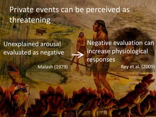 Private events can be perceived as
  threatening

Unexplained arousal        Negative evaluation can
evaluated as negative      increase physiological
                           responses
           Malash (1979)              Rey et al. (2009)
 