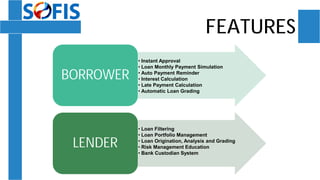 FEATURES
• Instant Approval
• Loan Monthly Payment Simulation
• Auto Payment Reminder
• Interest Calculation
• Late Payment Calculation
• Automatic Loan Grading
BORROWER
• Loan Filtering
• Loan Portfolio Management
• Loan Origination, Analysis and Grading
• Risk Management Education
• Bank Custodian System
LENDER
 