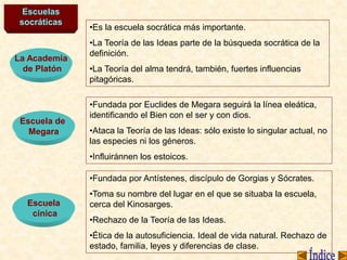 Escuelas
socráticas
La Academia
de Platón
•Es la escuela socrática más importante.
•La Teoría de las Ideas parte de la búsqueda socrática de la
definición.
•La Teoría del alma tendrá, también, fuertes influencias
pitagóricas.
Escuela de
Megara
Escuela
cínica
•Fundada por Euclides de Megara seguirá la línea eleática,
identificando el Bien con el ser y con dios.
•Ataca la Teoría de las Ideas: sólo existe lo singular actual, no
las especies ni los géneros.
•Influiránnen los estoicos.
•Fundada por Antístenes, discípulo de Gorgias y Sócrates.
•Toma su nombre del lugar en el que se situaba la escuela,
cerca del Kinosarges.
•Rechazo de la Teoría de las Ideas.
•Ética de la autosuficiencia. Ideal de vida natural. Rechazo de
estado, familia, leyes y diferencias de clase.
 