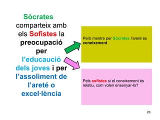 Sòcrates
comparteix amb
 els Sofistes la   Però mentre per Sòcrates l’areté és
  preocupació      coneixement

         per
   l’educaució
dels joves i per
l’assoliment de    Pels sofistes si el coneixement és
      l’areté o    relatiu, com volen ensenyar-lo?

  excel·lència

                                                         26
 