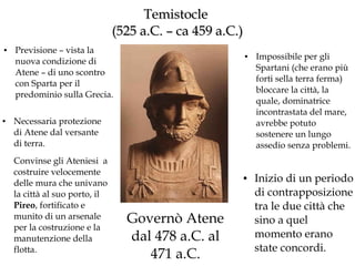 Temistocle
(525 a.C. – ca 459 a.C.)
●

●

Previsione – vista la
nuova condizione di
Atene – di uno scontro
con Sparta per il
predominio sulla Grecia.

●

Necessaria protezione
di Atene dal versante
di terra.
Convinse gli Ateniesi a
costruire velocemente
delle mura che univano
la città al suo porto, il
Pireo, fortificato e
munito di un arsenale
per la costruzione e la
manutenzione della
flotta.

●

Governò Atene
dal 478 a.C. al
471 a.C.

Impossibile per gli
Spartani (che erano più
forti sella terra ferma)
bloccare la città, la
quale, dominatrice
incontrastata del mare,
avrebbe potuto
sostenere un lungo
assedio senza problemi.

Inizio di un periodo
di contrapposizione
tra le due città che
sino a quel
momento erano
state concordi.

 