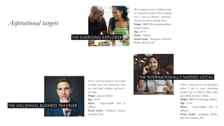 X
THE MILLENNIAL BUSINESS TRAVELER
I’m in town for business, but I want
to make sure I stay somewhere I can
also kick back, socialize and have a
fun time.
Origin : mature markets
Age : 25-45
Status : Upper-middle class to
affluent
Social media : Facebook, Twitter,
LinkedIn, Xing
OLU
Aspirational targets
THE INTERNATIONALLY MINDED LOCAL
I like to hang out in cool, hip places
where I get to meet interesting
people. I go to Sofitel to grab a bite,
get a drink and have a dance.
Origin : BRICS & emerging markets
Age : 18-45
Status : Upper-middle class to
affluent
Social media : Instagram, Weibo,
WeChat, Snapchat, VK
THE EMERGING EXPLORER
We’re hoping to have a fabulous time
at a beautiful location. We’re looking
for a once-in-a-lifetime experience
that we can tell our friends about.
Origin : BRICS & emerging markets,
mature markets
Age : 25-55
Status : Affluent
Social media : Instagram, Facebook,
Weibo, WeChat, VK
 