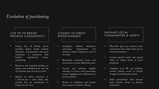 COMMIT TO GREAT
ENTERTAINMENT
ENGAGE LOCAL
COMMUNITIES & ASSETS
LIVE UP TO BRAND
PROMISE CONSISTENTLY
• Ensure that all Sofitels across
portfolio deliver brand markers
flawlessly, and guarantee that guest
experience is consistent with
Sofitel’s aspirational luxury
positioning
• Renovate and refurbish facilities to
update and embellish look and feel
of common areas as well as rooms
• Replace all cliché references to
« French-ness » with subtle, chic
touches that are reminiscent of
French Art de Vivre
• Strengthen Sofitel’s distinctive
advantage: sophisticated and
timeless cultural offering in each of
its hotels
• Rejuvenate restaurant menus and
bar menus to match Millennial tastes
• Extend and reinforce nighlife
offering « La Nuit » with memorable
events engaging local influencers in
iconic locations
• Refine art exhibitions and include
them better in Sofitel’s offering
• Physically open up common areas
(restaurants, bars, night clubs, etc) to
local environments
• Launch special events and special
offers to attract locals to hotel
properties
• Augment local PR and publicity
around cultural events at Sofitel;
Engage local influencers better
• Build partnerships with relevant
local cultural, artistic or lifestyle
institutions
Evolution of positioning
 