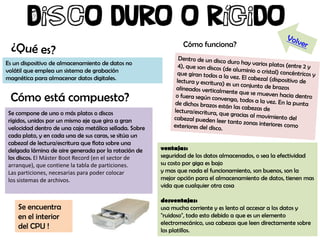Cómo funciona?

Es un dispositivo de almacenamiento de datos no
volátil que emplea un sistema de grabación
magnética para almacenar datos digitales.


 Cómo está compuesto?
Se compone de uno o más platos o discos
rígidos, unidos por un mismo eje que gira a gran
velocidad dentro de una caja metálica sellada. Sobre
cada plato, y en cada una de sus caras, se sitúa un
cabezal de lectura/escritura que flota sobre una
delgada lámina de aire generada por la rotación de     ventajas:
los discos. El Máster Boot Record (en el sector de     seguridad de los datos almacenados, o sea la efectividad
arranque), que contiene la tabla de particiones.       su costo por giga es bajo
Las particiones, necesarias para poder colocar         y mas que nada el funcionamiento, son buenos, son la
los sistemas de archivos.                              mejor opción para el almacenamiento de datos, tienen mas
                                                       vida que cualquier otra cosa

                                                       desventajas:
    Se encuentra                                       usa mucha corriente y es lento al accesar a los datos y
    en el interior                                     "ruidoso", todo esto debido a que es un elemento
                                                       electromecánico, usa cabezas que leen directamente sobre
    del CPU !                                          los platillos.
 