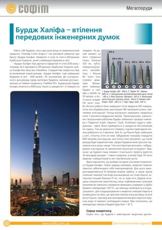 Мегаспоруди



          Бурдж Халіфа – втілення
          передових інженерних думок
        Уявіть собі будівлю, яка в два рази вища за американський     тиждень. На да-
                                                                                                 828 м
     хмарочос «Емпайр Стейт Білдінг» і ви матимете уявлення про       ний момент на
     башту «Бурдж Халіфа». Хмарочос зі скла та сталі в Об’єднаних     його створення
                                                                                                    509 м 492 м
     Арабських Еміратах, який є найвищою будівлею в світі.            пішло близько
                                                                                                                  452 м 450 м 448 м 442 м
        «Бурдж Халіфа» був урочисто відкритий 4 січня 2010 року і     320 тис. куб.м.
     отримав ім’я президента Об’єднаних Арабських Еміратів шей-       пе ред на п ру же-
     ха Халіфа бен Заїд аль-Нахайяна. З відкриттям хмарочоса був      ного залізобе-
     встановлений новий рекорд: «Бурдж Халіфа» став найвищою          тону і більше
     будівлею в світі - 828 метрів і 55 сантиметрів. До сьогодніш-    60 тисяч тонн
     нього дня рекорд серед житлових будівель належав розташо-        сталевої арма-
     ваному на Тайвані хмарочосу «Тайбей 101». Будівництво Бурдж      тури.      Фунда-
     Халіфа почалося в 2004 році і йшло із швидкістю 1-2 поверхи на   мент найвищої           1      2     3        4        5       6       7
                                                                      будівлі в світі
                                                                                         1. Бурдж Халіфа, ОАЕ - 828 м. 2. Тайбей 101, Тайвань -
                                                                      йде у землю на 509,2 м. 3. Шанхайський світовий фінансовий центр, Китай
                                                                      50 метрів, а йо- - 492 м. 4. Вежі Петронас, Малайзія - 452 м. 5. Фінансовий
                                                                      го маса складає центр Наньцзин Грінленд, Китай - 450 м. 6. Емпайр-стейт-
                                                                      110 тисяч тонн. білдінг, США - 448,7 м. 7. Сирс-Тауер, США - 442 м.
                                                                      Всі бетонні роботи були завершені після зведення 160 поверху,
                                                                      після чого будівельники змонтували 180-метровий шпиль з ме-
                                                                      талевих конструкцій. Площа внутрішніх приміщень хмарочоса
                                                                      сягає 1 мільйона квадратних метрів. Проектуванням, зовнішні-
                                                                      ми і внутрішніми роботами будівлі займалися провідні інжене-
                                                                      ри з Південної Кореї, Європи і США. Особлива гордість забу-
                                                                      довника - ліфти. Вони підіймаються зі швидкістю 40 кілометрів
                                                                      на годину. Тож до верхнього поверху з однією пересадкою мо-
                                                                      жна добратися за 2 хвилини. Але те, що башта буде найвищою
                                                                      у світі, спочатку ніхто не знав. Забудовник планував спорудити
                                                                      600-метрову конструкцію, але потім стало зрозуміло, що такий
                                                                      рекорд буде недовговічним. Щораз будівельників просили під-
                                                                      німатися все вище і вище. Тож конструктори визнають: набудо-
                                                                      вували конструкцію як величезний музичний інструмент. Вод-
                                                                      ночас ця будівля лише елемент гігантського проекту вартістю
                                                                      20 мільярдів доларів – нового кварталу, в якому буде 30 тисяч
                                                                      квартир і найкрупніший в світі торгівельний центр.
                                                                          Варто відзначити, що розміри не єдине чим може похвалити-
                                                                      ся «Бурдж Халіфа». Згідно задумці інженерів, хмарочос повинен
                                                                      повністю забезпечувати себе електроенергією. Для цього вико-
                                                                      ристовуватиметься 61-метрова вітряна турбіна, а також масив
                                                                      сонячних панелей (частково розташованих на стінах башти) за-
                                                                      гальною площею близько 15 тис. кв. м. Крім того, будівля осна-
                                                                      щена спеціальним захистом від сонця і відбиваючими скляними
                                                                      панелями які зменшать нагрівання приміщень усередині (у Дубаї
                                                                      бувають температури +50 °C), що зменшує необхідність в конди-
                                                                      ціонуванні. Для кондиціонування в хмарочосі використовується
                                                                      конвекційна система, що проганяє повітря знизу до верху по всій
                                                                      висоті башти, причому для охолодження використовується мор-
                                                                      ська вода та підземні охолоджуючі модулі. Вже оголошено, що
                                                                      температура повітря в будівлі буде біля + 18 °C.

                                                                          Серце хмарочосу
                                                                          Окрім того, що будівля є майстерним творінням архітек-


16                                                                                                    Світлотехнічний журнал
 