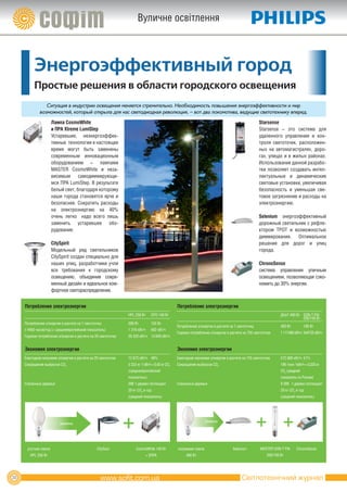 Вуличне освітлення



          Энергоэффективный город
          Простые решения в области городского освещения
                 Ситуация­в­индустрии­освещения­меняется­стремительно.­Необходимость­повышения­энергоэффективности­и­мир
              возможностей,­который­открыла­для­нас­светодиодная­революция,­–­вот­два­локомотива,­ведущие­светотехнику­вперед.­
                      Лампа CosmoWhite                                                                                                             Starsense
                      и ПРа Xtreme LumiStep                                                                                                        Starsense – это система для
                      Устаревшие, неэнергоэффек-                                                                                                   удаленного управления и кон-
                      тивные технологии в настоящее                                                                                                троля светоточек, расположен-
                      время могут быть заменены                                                                                                    ных на автомагистралях, доро-
                      современным инновационным                                                                                                    гах, улицах и в жилых районах.
                      оборудованием – лампами                                                                                                      Использование данной разрабо-
                      MASTER CosmoWhite и неза-                                                                                                    тки позволяет создавать интел-
                      висимым самодиммирующи-                                                                                                      лектуальные и динамические
                      мся ПРА LumiStep. В результате                                                                                               световые установки, увеличивая
                      белый свет, благодаря которому                                                                                               безопасность и уменьшая све-
                      наши города становятся ярче и                                                                                                товое загрязнение и расходы на
                      безопаснее. Сократить расходы                                                                                                электроэнергию.
                      на электроэнергию на 40%
                      очень легко надо всего лишь                                                                                                  Selenium энергоэффективный
                      заменить устаревшее обо-                                                                                                     дорожный светильник с рефле-
                      рудование.                                                                                                                   ктором TPOT и возможностью
                                                                                                                                                   диммирования. Оптимальное
                      CitySpirit                                                                                                                   решение для дорог и улиц
                      Модельный ряд светильников                                                                                                   города.
                      CitySpirit создан специально для
                      наших улиц, разработчики учли                                                                                                ChronoSense
                      все требования к городскому                                                                                                  система управления уличным
                      освещению, объединив совре-                                                                                                  освещением, позволяющая сэко-
                      менный дизайн и идеальное ком-                                                                                               номить до 30% энергии.
                      фортное светораспределение.


     Потребление электроэнергии                                                                  Потребление электроэнергии
                                                                HPL 250 Вт      CPO 140 Вт                                                                     ДНаТ 400 Вт SON-T PIA
                                                                                                                                                                           250/150 Вт
     Потребление э/энергии в расчете на 1 светоточку            299 Вт          155 Вт
                                                                                                 Потребление э/энергии в расчете на 1 светоточку               400 Вт         195 Вт
     x 4400 часов/год (= среднеевропейский показатель)          1 316 кВт/ч     682 кВт/ч
                                                                                                 Годовое потребление э/энергии в расчете на 755 светоточек     1 117400 кВт/ч 544732 кВт/ч
     Годовое потребление э/энергии в расчете на 20 светоточек   26 320 кВт/ч 13 640 кВт/ч


     Экономия электроэнергии                                                                     Экономия электроэнергии
     Ежегодная экономия э/энергии в расчете на 20 светоточек    12 672 кВт/ч 48%                 Ежегодная экономия э/энергии в расчете на 755 светоточек      572 668 кВт/ч 51%
     Сокращение выбросов CO2                                    5 322 кг 1 кВт/ч = 0,42 кг CO2   Сокращение выбросов CO2                                       186 тонн 1кВт/ч = 0,325 кг
                                                                (среднеевропейский                                                                             СО2 (средний
                                                                показатель)                                                                                    показатель по России)
     Спасенные деревья                                          266 1 дерево поглощает           Спасенные деревья                                             9 306 1 дерево поглощает
                                                                20 кг СО2 в год                                                                                20 кг СО2 в год
                                                                (средний показатель)                                                                           (средний показатель)




      ртутная лампа                              CitySoul            CosmoWhite 140 Вт           натриевая лампа                   Selenium        MASTER SON-T PIA      ChronoSense
        HPL 250 Вт                                                          + ЭПРА                    400 Вт                                           250/150 Вт




30                                                                                                                                      Світлотехнічний журнал
 